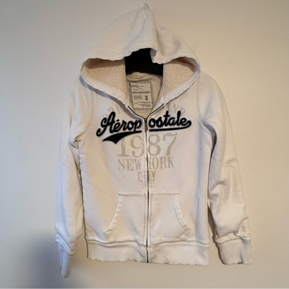 Aeropostale White Hoodie Blue Logo Full Zip Faux Lined Size Medium - Picture 14 of 15
